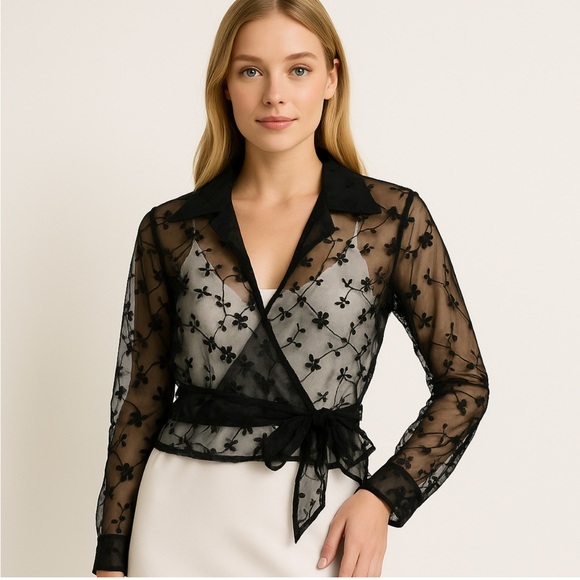 Vintage AGB Byer California Women’s L Black Sheer Tie Front Bolero Jacket Blouse - Picture 1 of 13